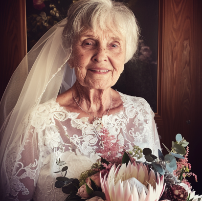 An elderly woman in a wedding dress holding a bouquet, smiling warmly.