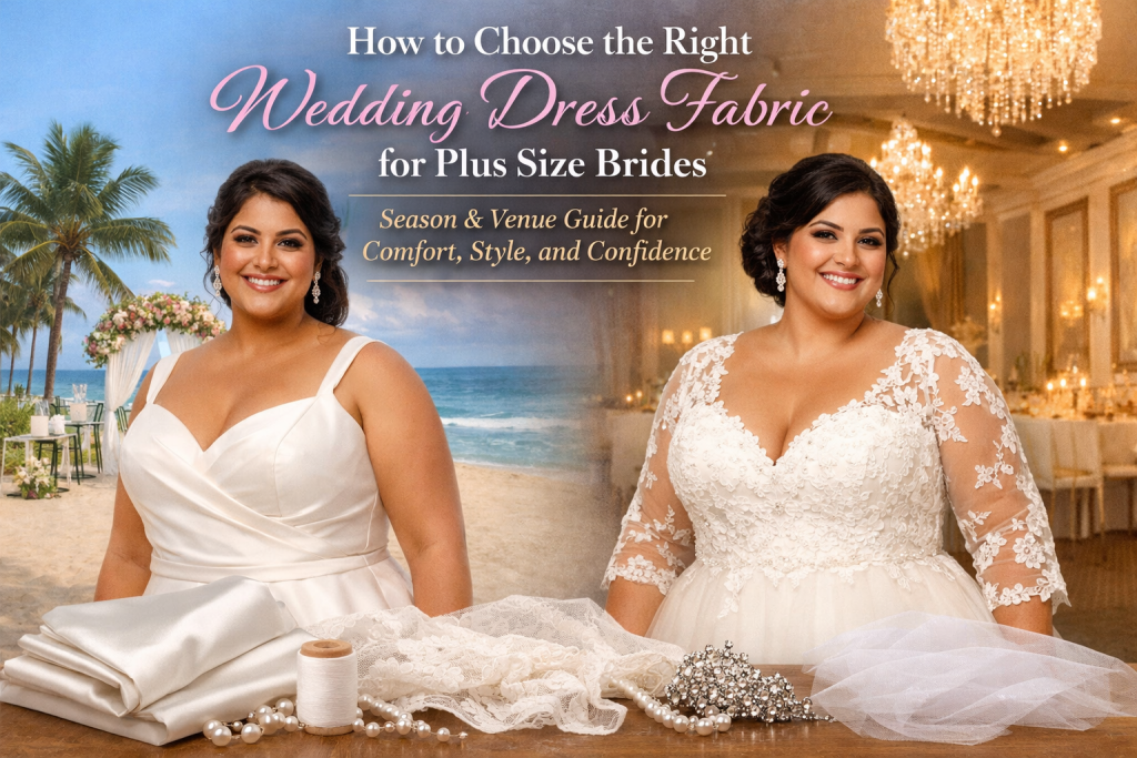 Plus size brides wedding dress fabrics for different seasons and venues.